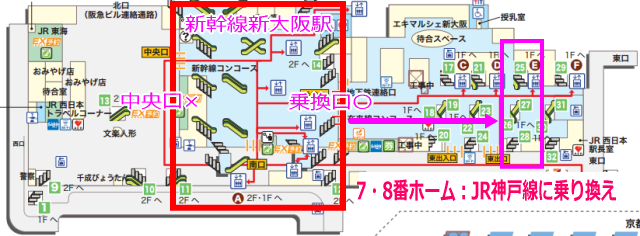 新幹線「新大阪駅」から在来線神戸線への乗り換え地図