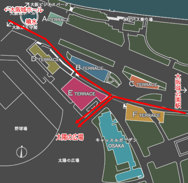 JR大阪城公園駅と大阪ビジネスパーク駅から「太陽の広場」への地図