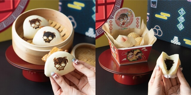 「名探偵コナン 大阪城本陣スペシャルショップ2026」フード（スイーツ）・豚角煮まん、点心2種盛り（もも饅頭、ごま団子）